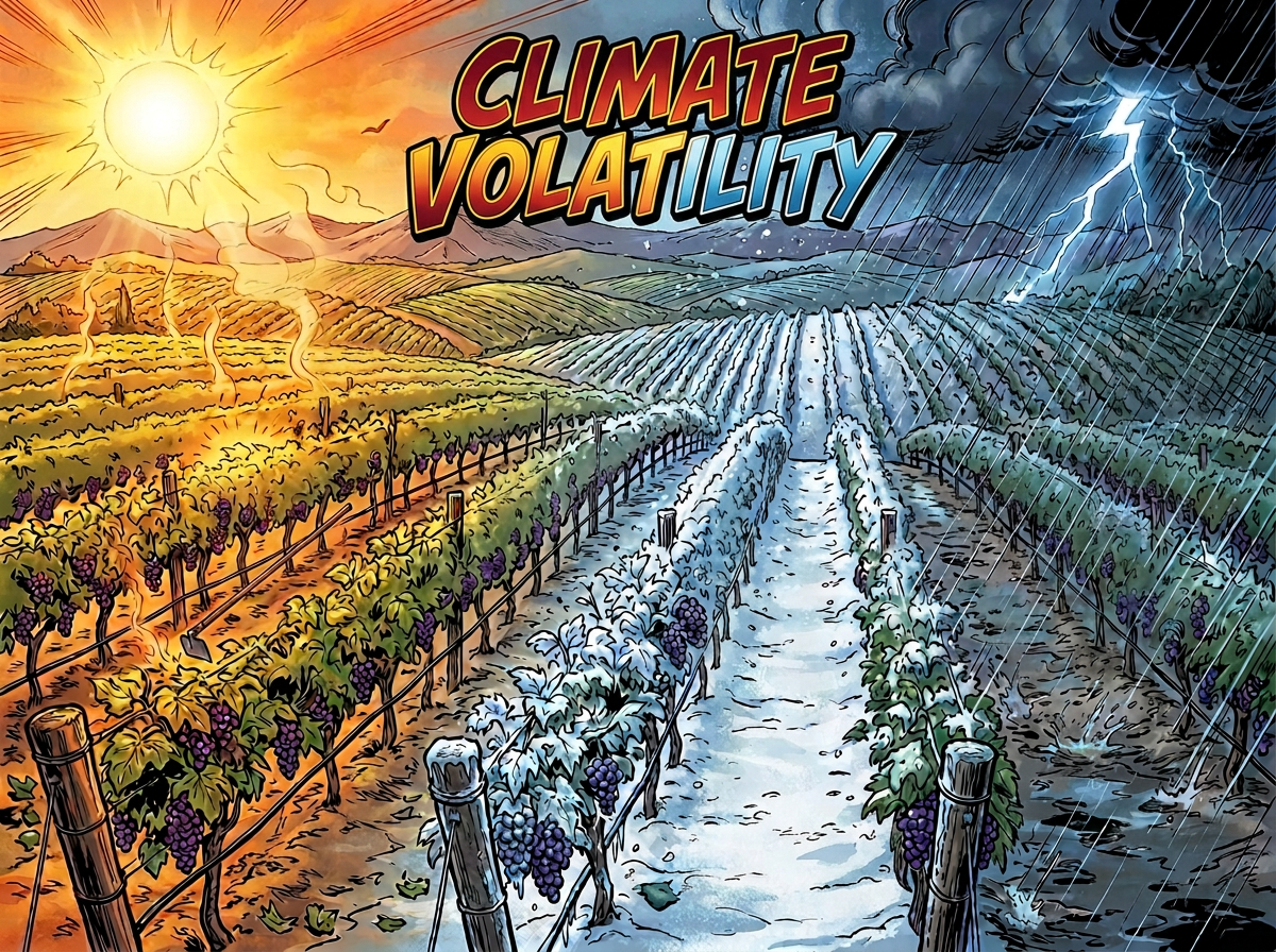 Vineyard divided into thirds showing heat, frost, and storm weather conditions affecting grapevines